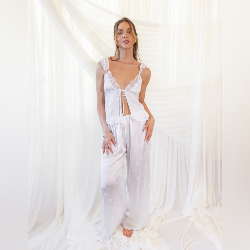 Waverles Silky Flora Tank Pant Set in Dove - White Satin Sleepwear